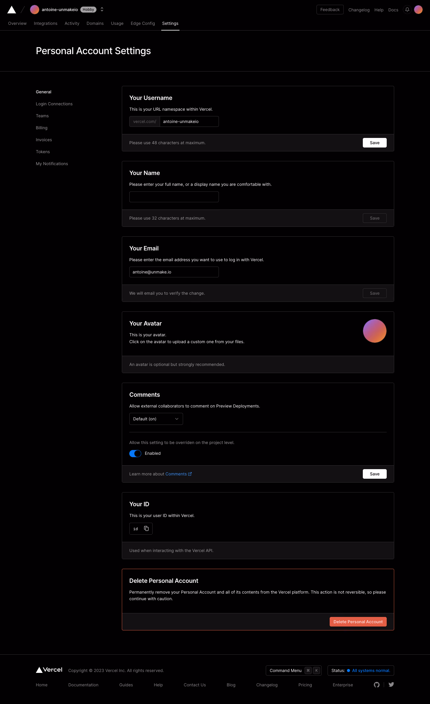 Vercel Account settings