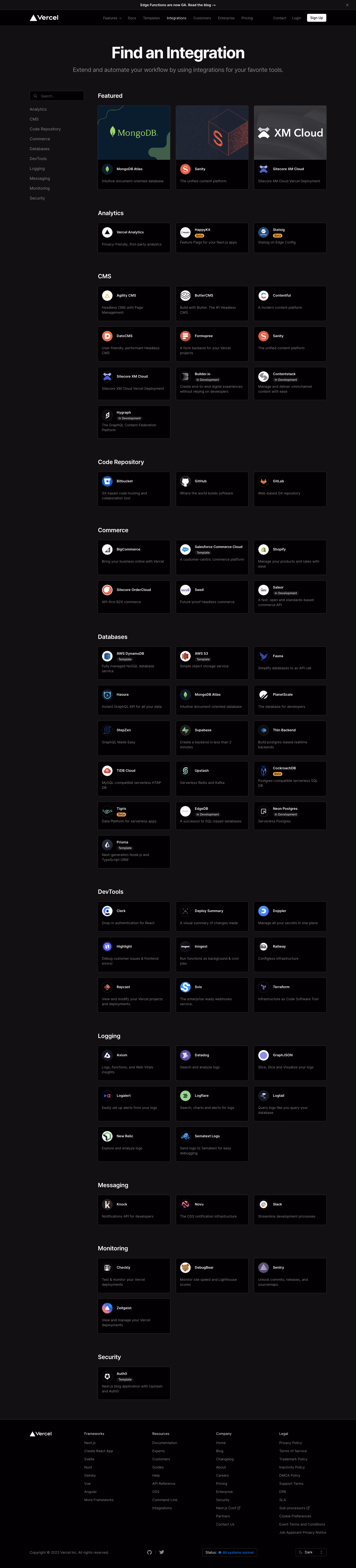 Vercel Integrations Page