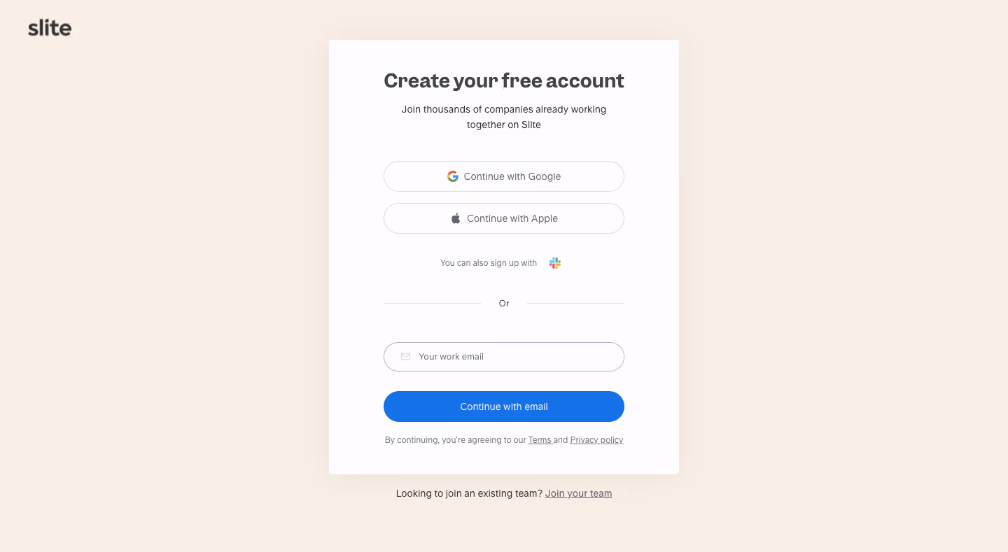 Slite Signup Page