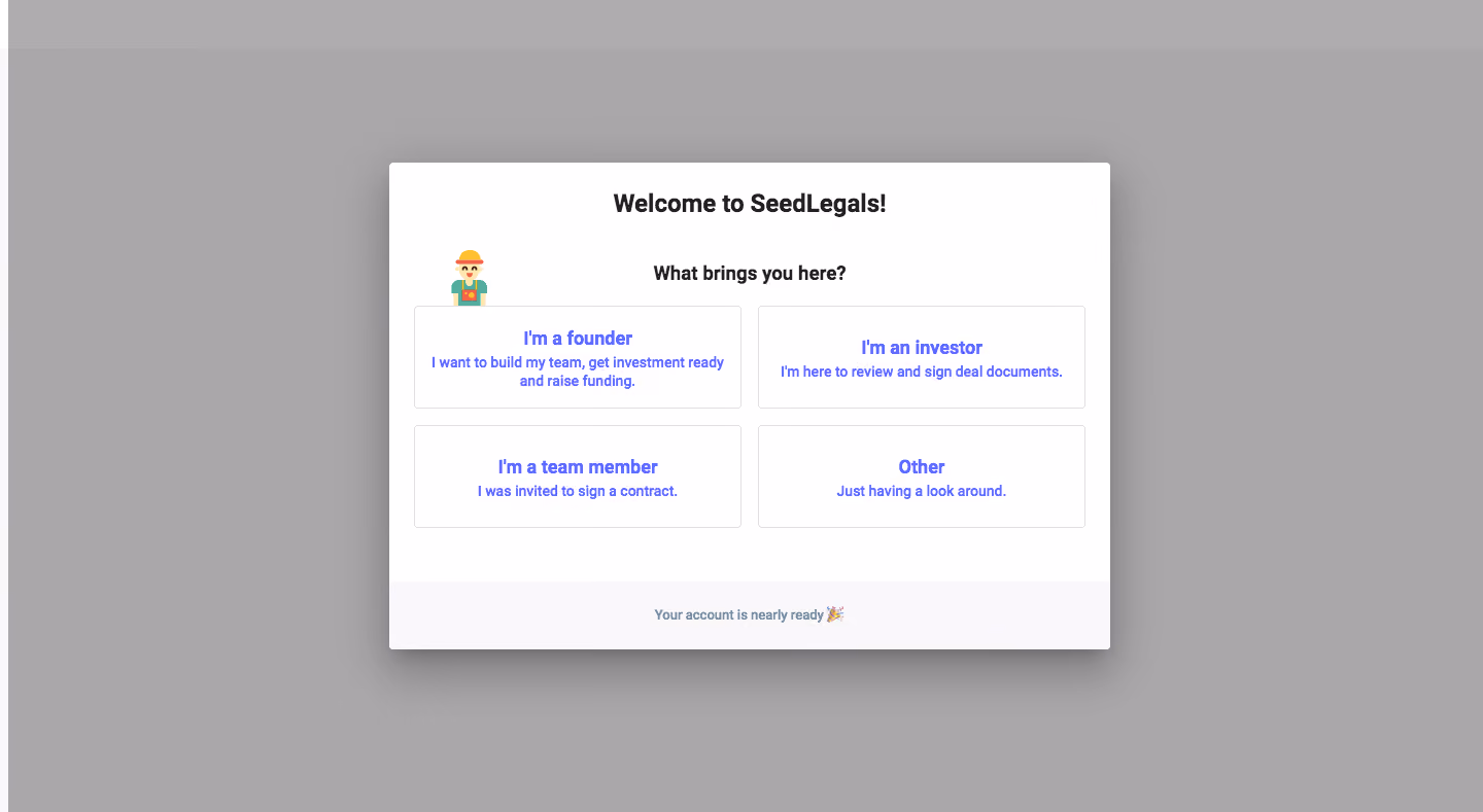 SeedLegals Sign Up Flow
