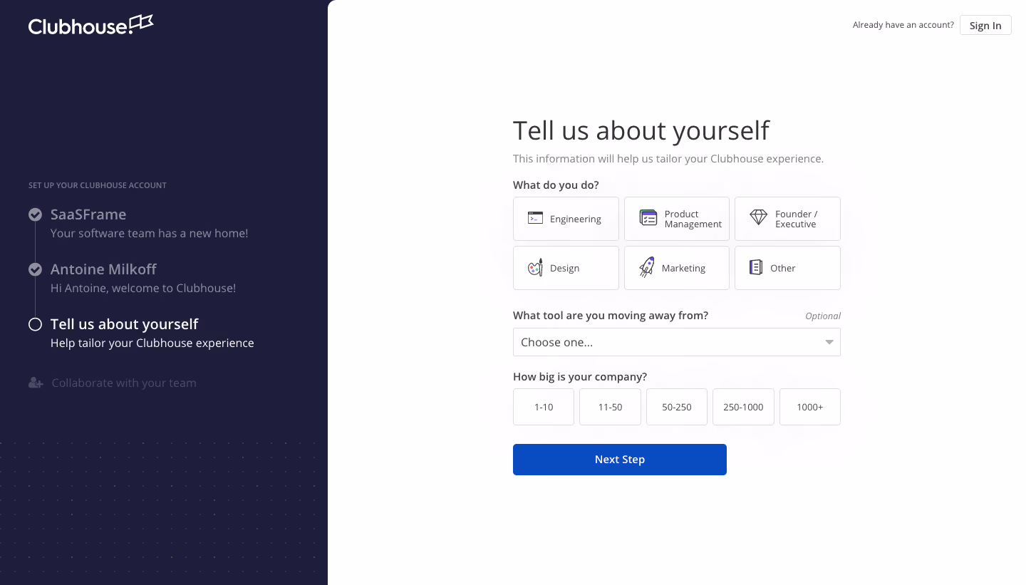 Shortcut lubhouse Sign Up Flow