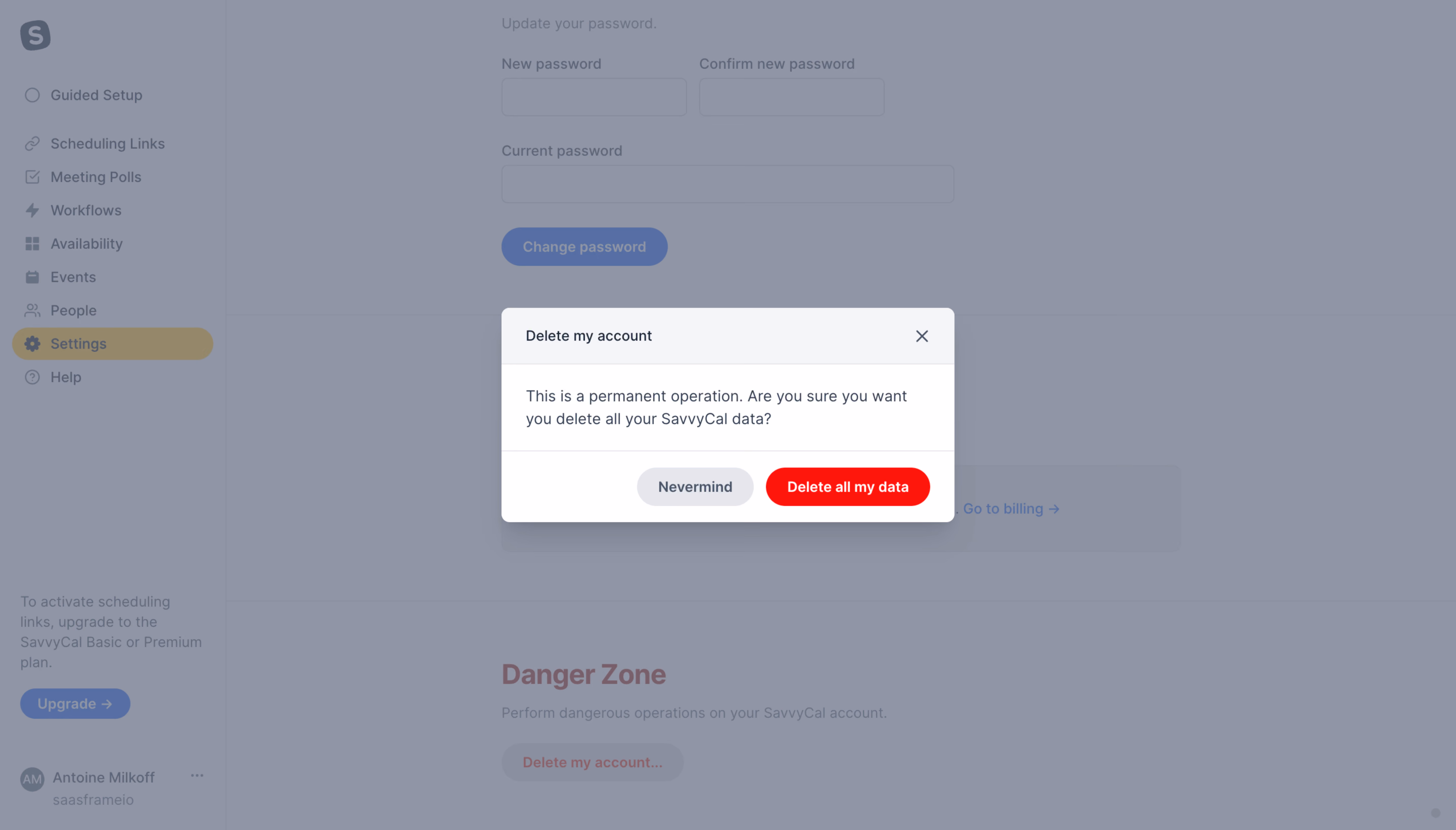 SavvyCal Delete Account Modal