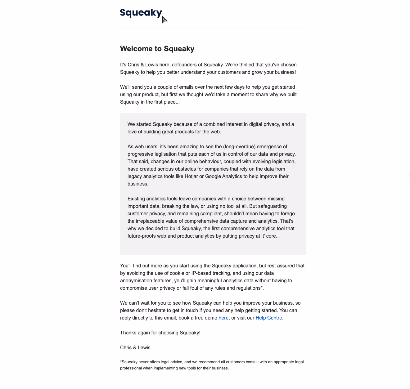 Squeaky Welcome Email