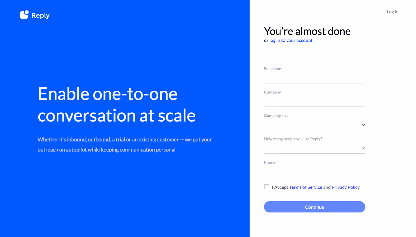 Reply Sign Up Flow