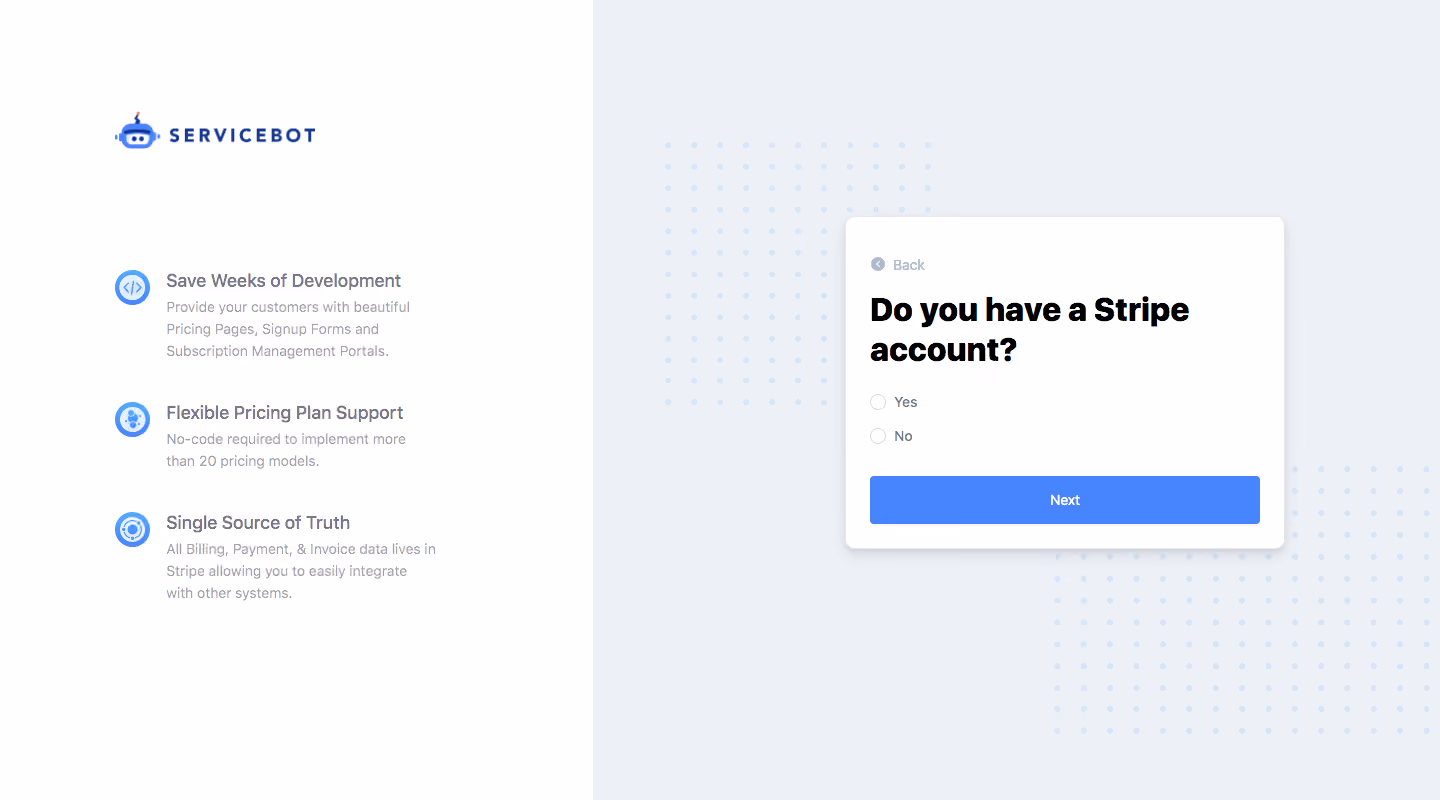 Billflow ervicebot Sign Up Flow