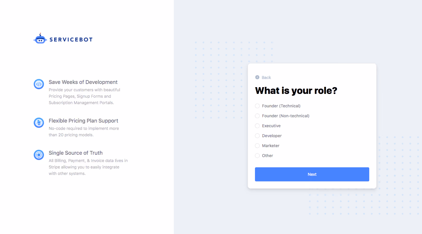 Billflow ervicebot Sign Up Flow
