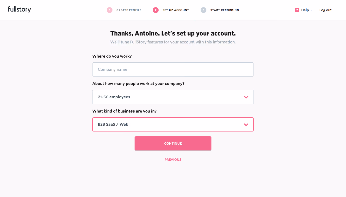 Fullstory Sign Up Flow