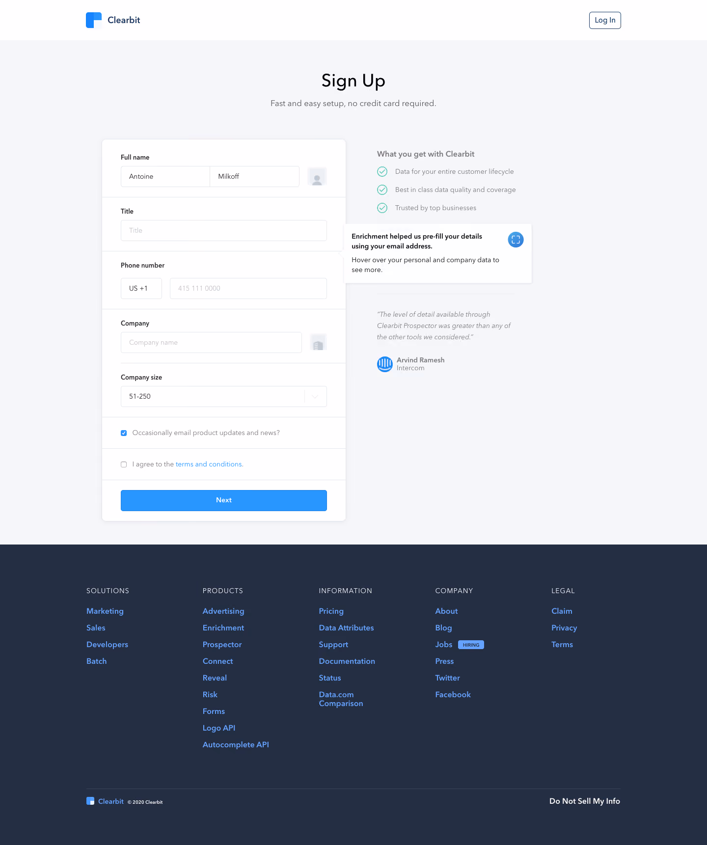 Clearbit Sign Up Flow