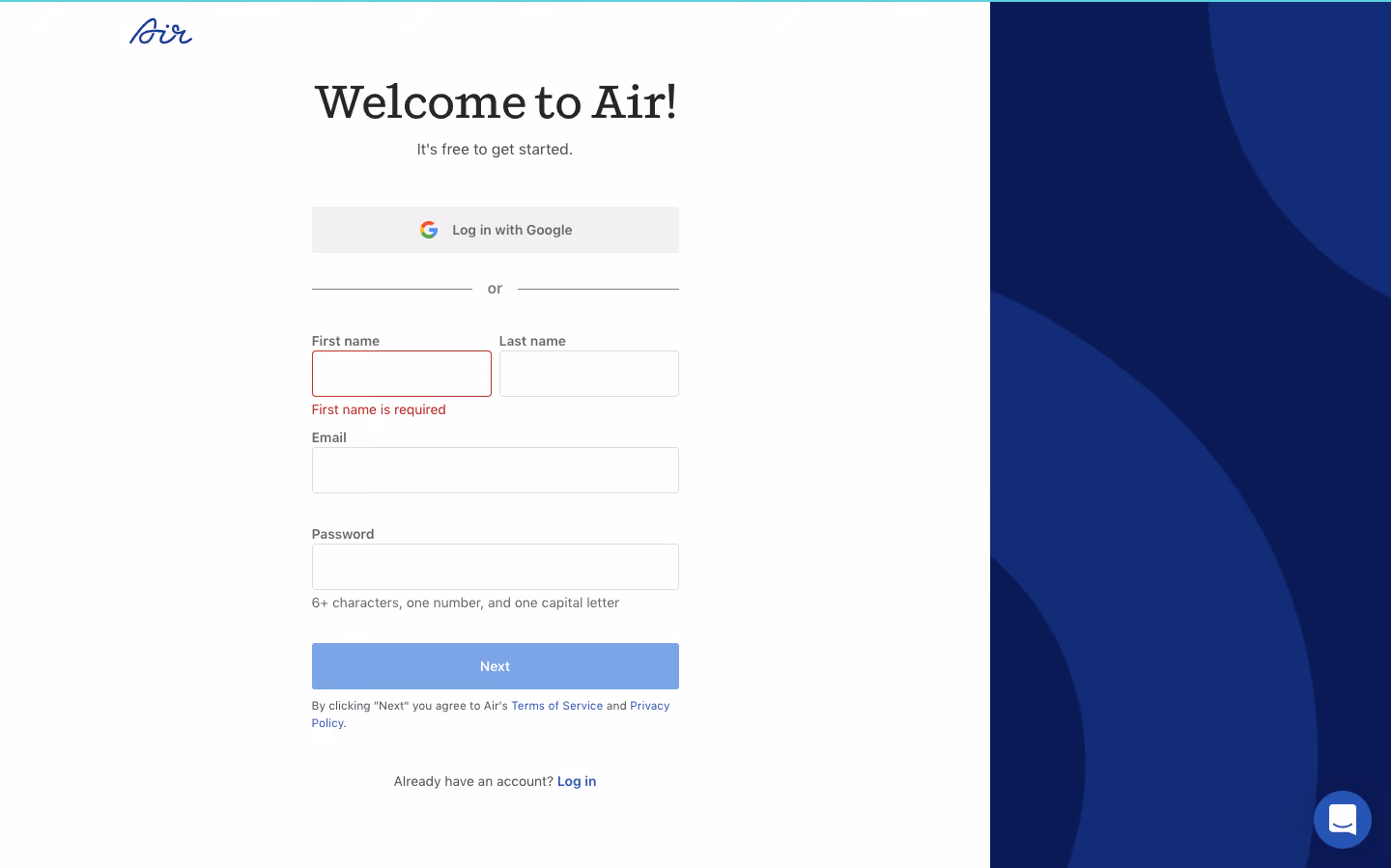 Air Signup Page