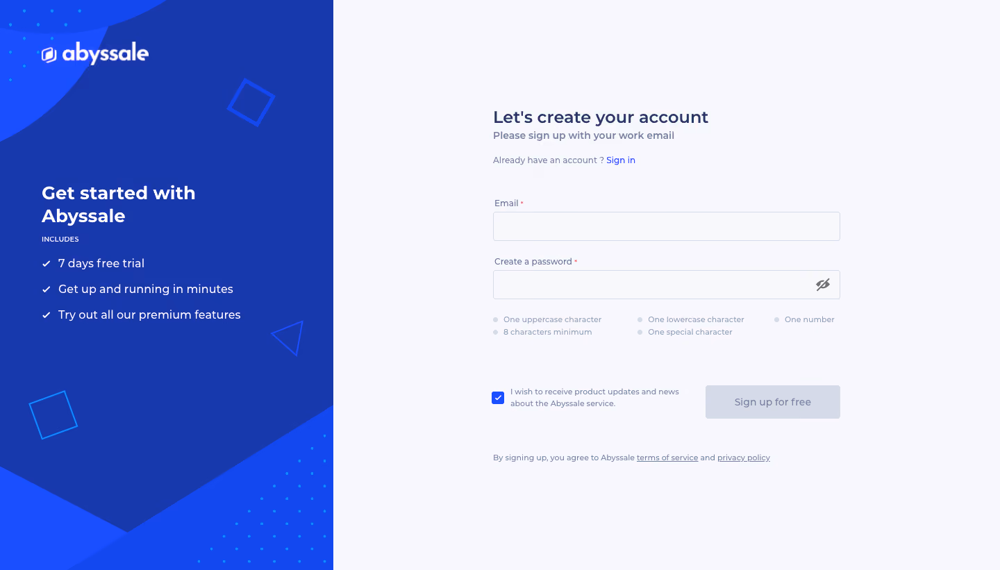 Abyssale Signup Page