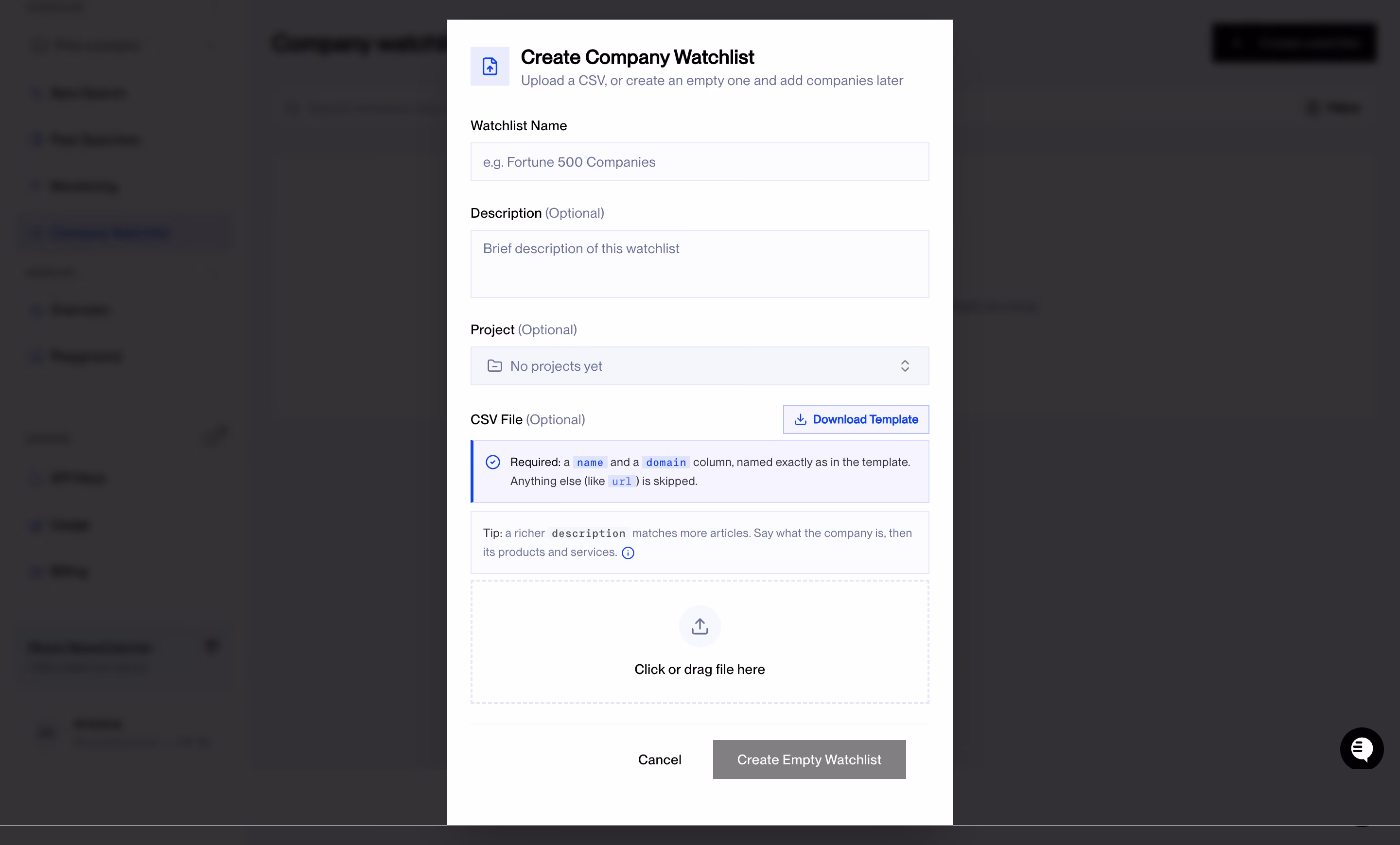 NewsCatcher Create Company Watchlist