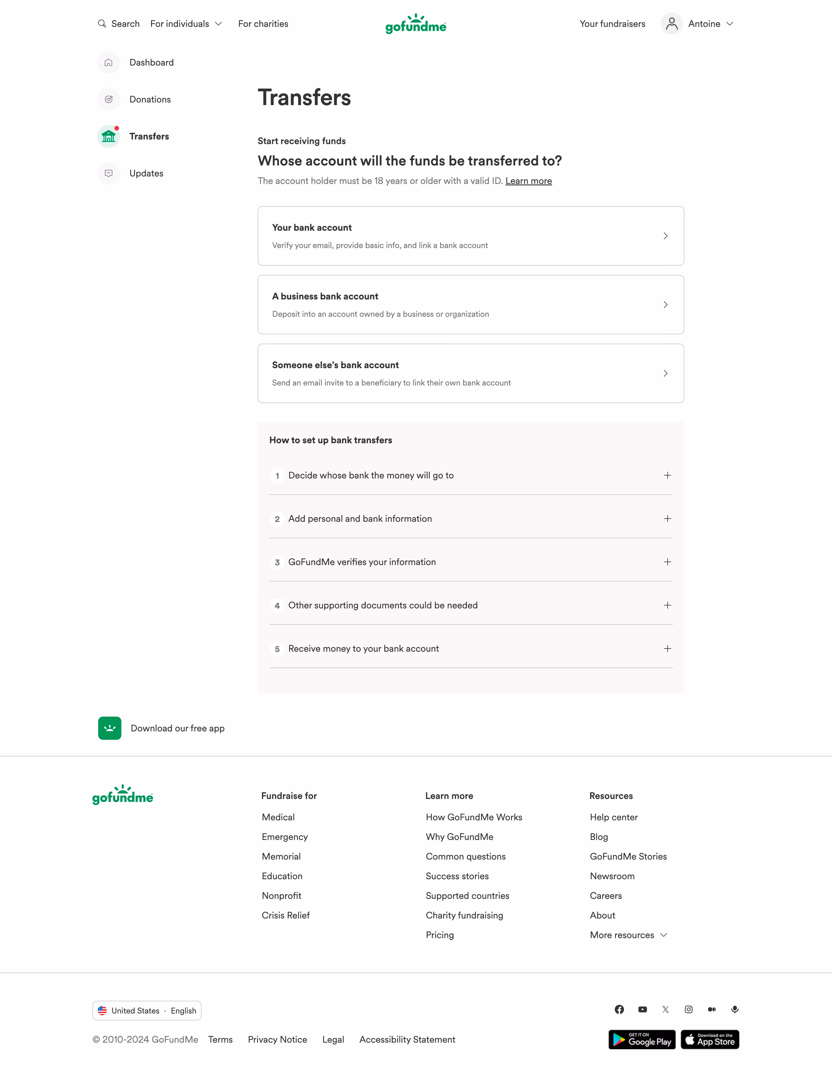 GoFundMe Setup Banking Transfers