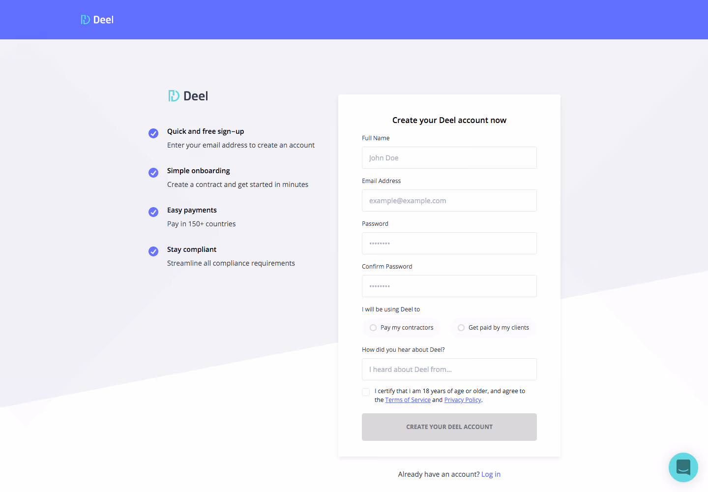 Deel Signup Page