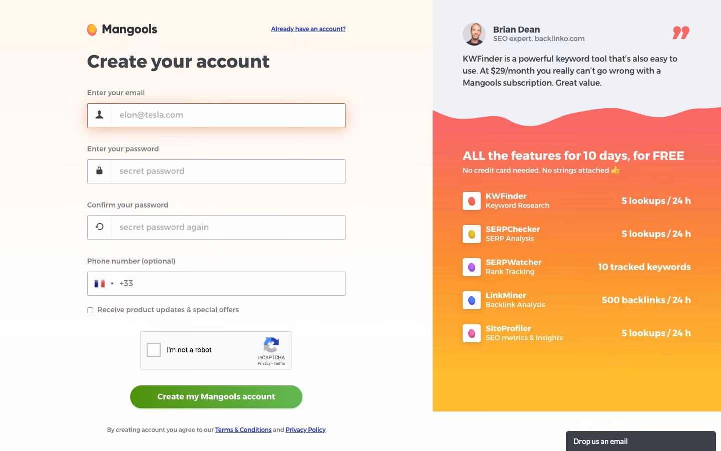 Mangools Signup Page