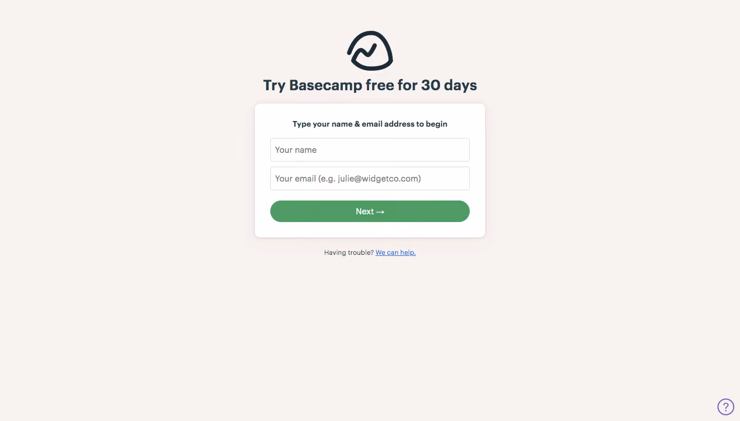 Basecamp Signup Page