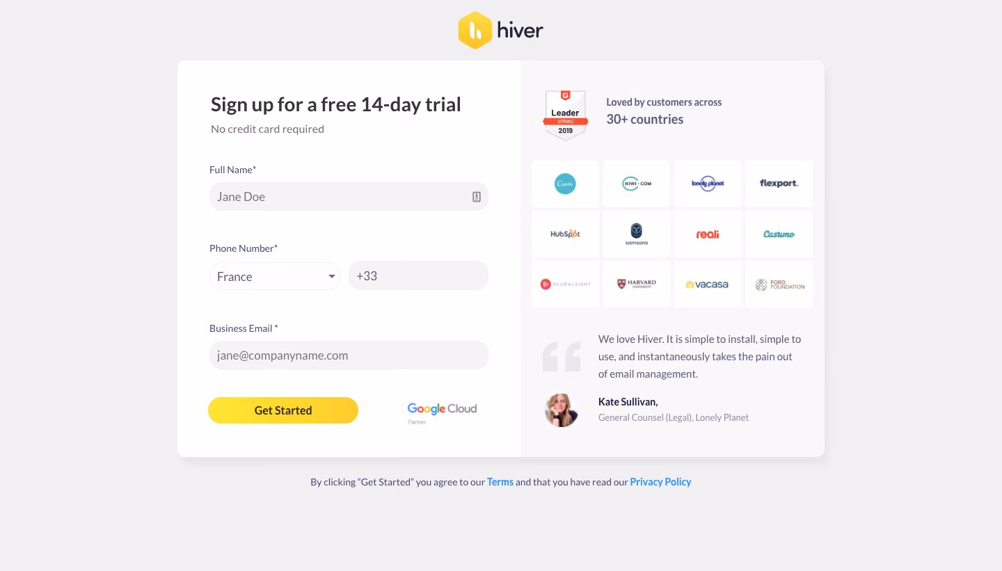 Hiver Signup Page
