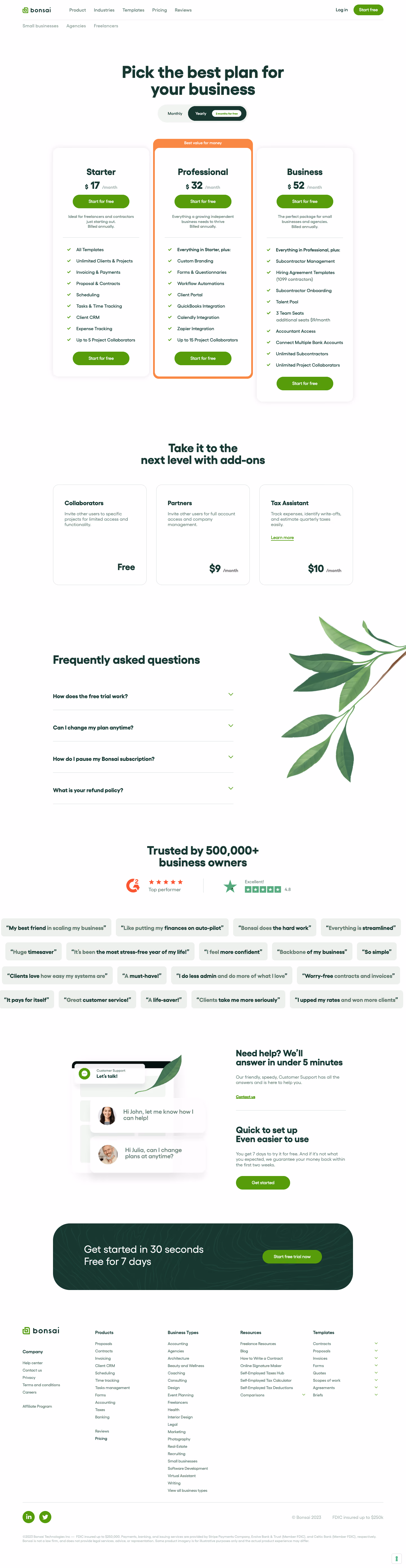 Bonsai Pricing Page