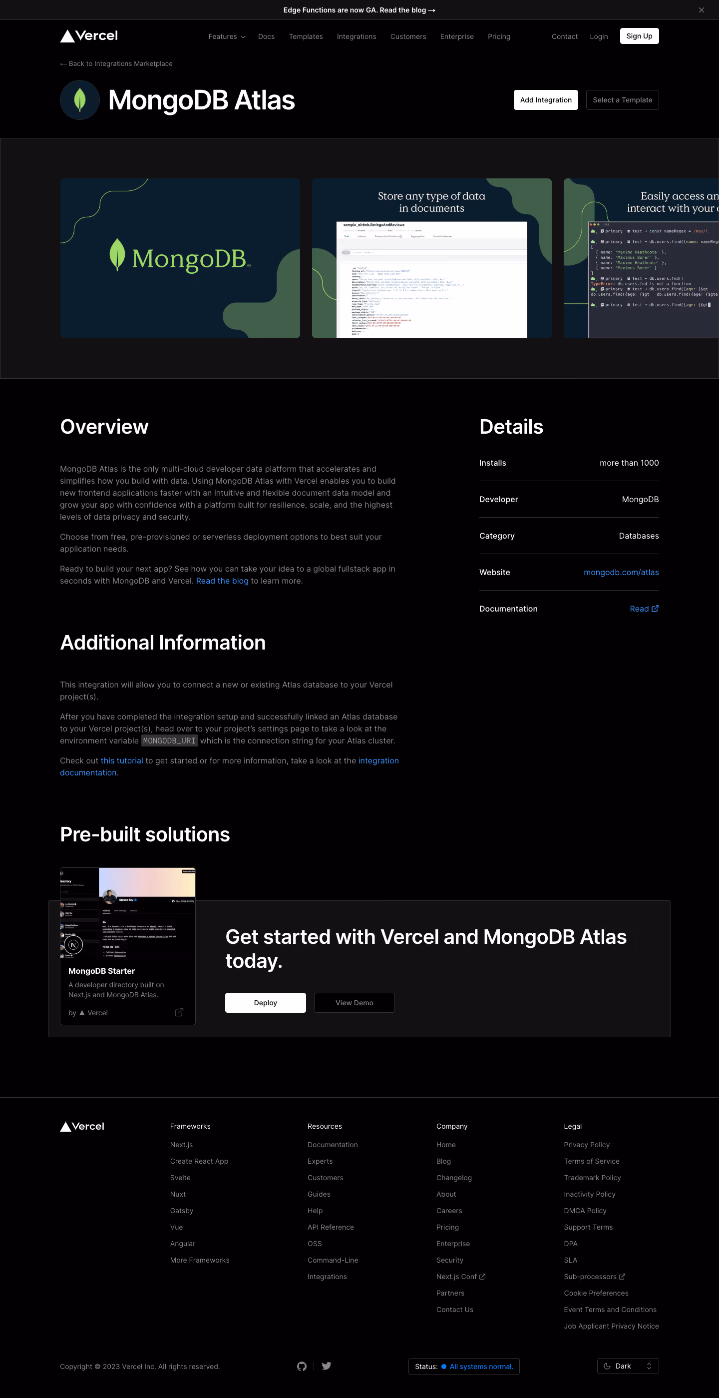 Vercel Integrations Page