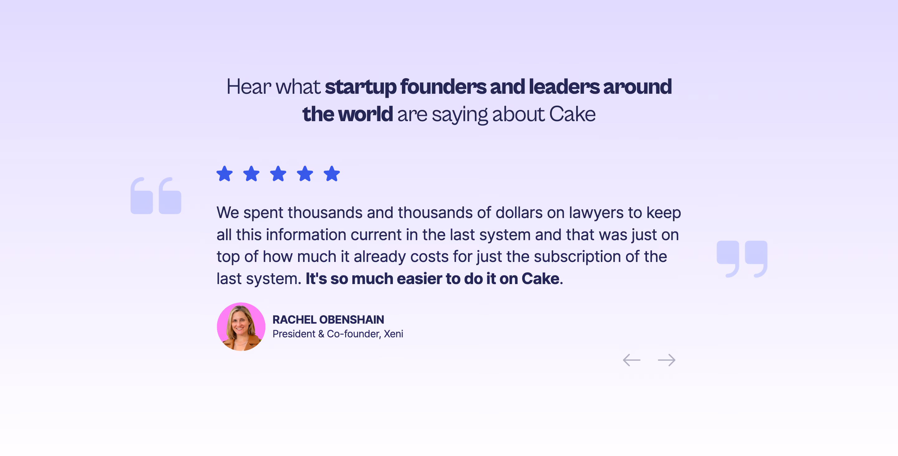 Cake Equity Testimonial Section