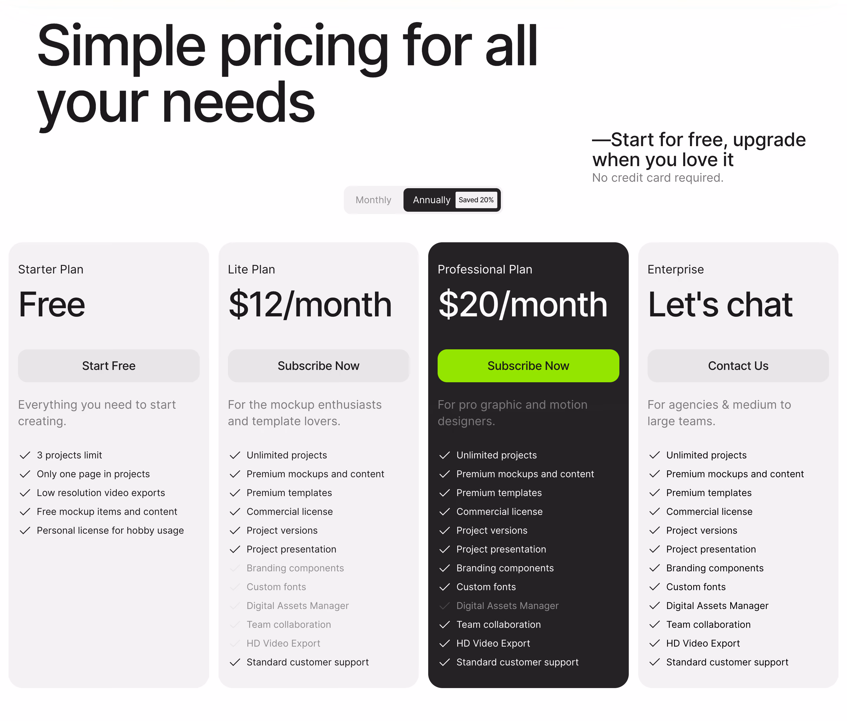 Artboard Studio Pricing Section