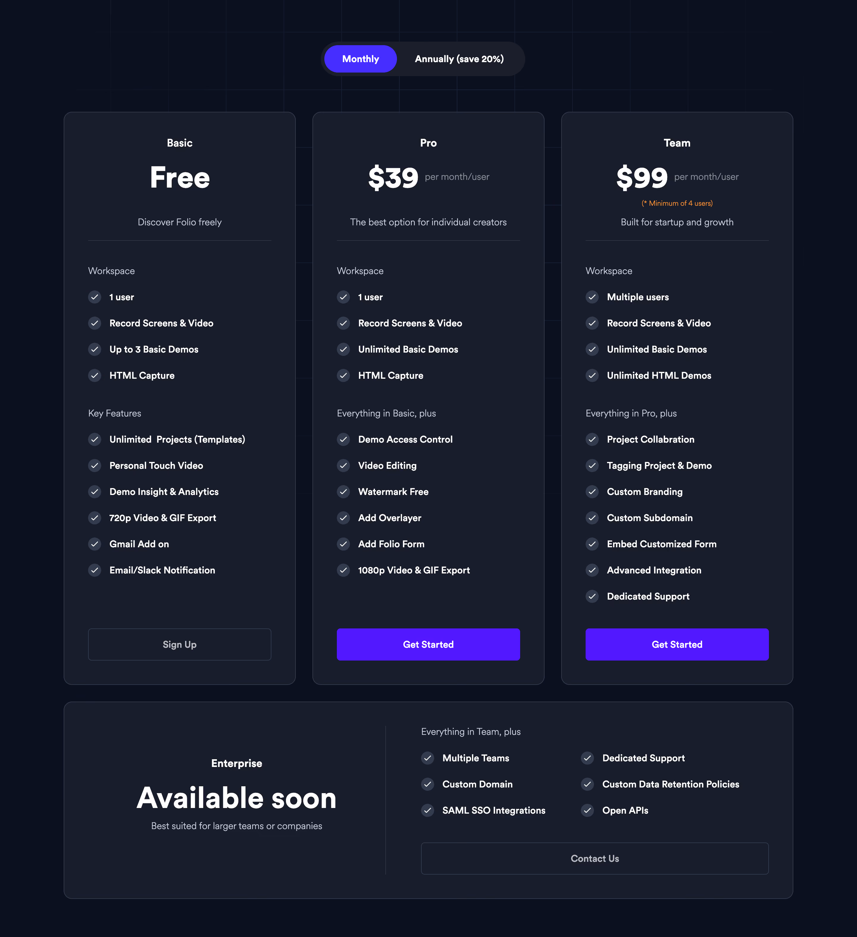 Folio Pricing Section
