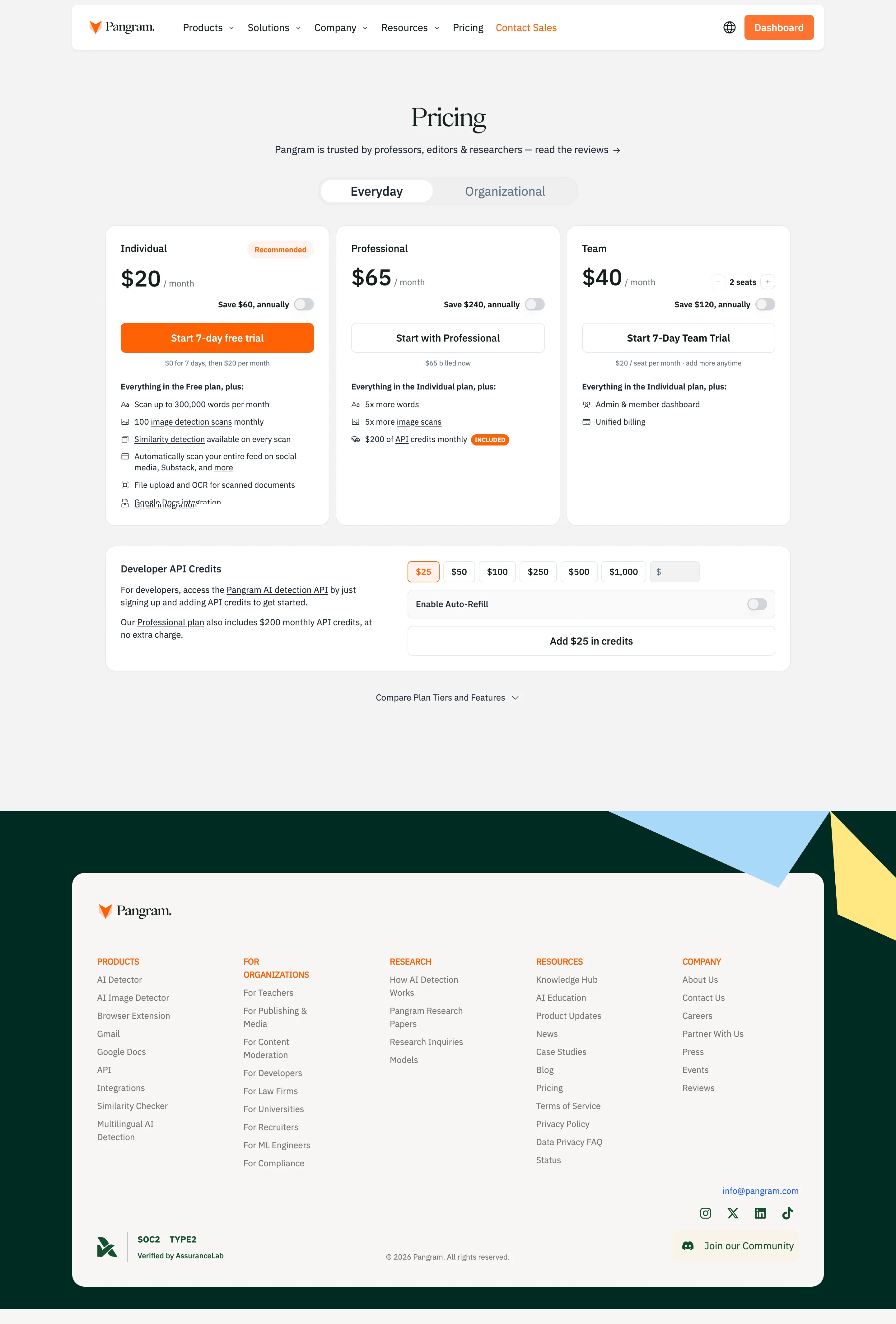 Pangram Pricing Page