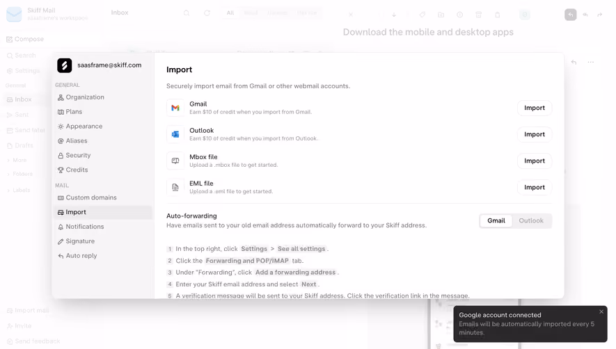 Skiff Emails imported from Gmail