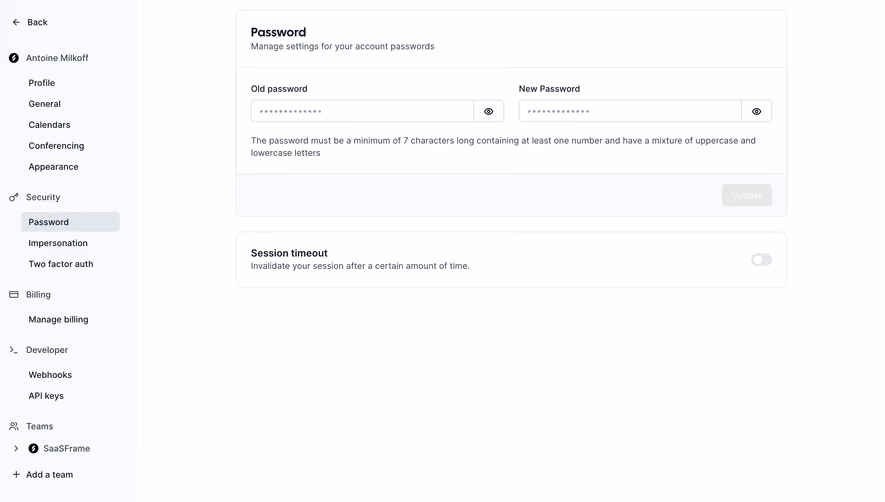 Cal.com Password Settings