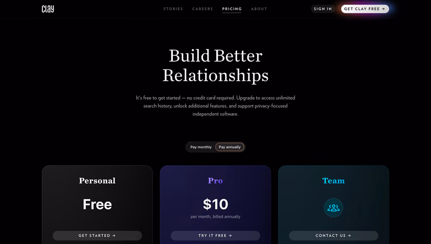 Clay Pricing Page