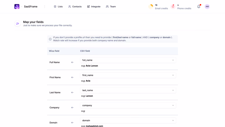 Wiza Import Data Mapping