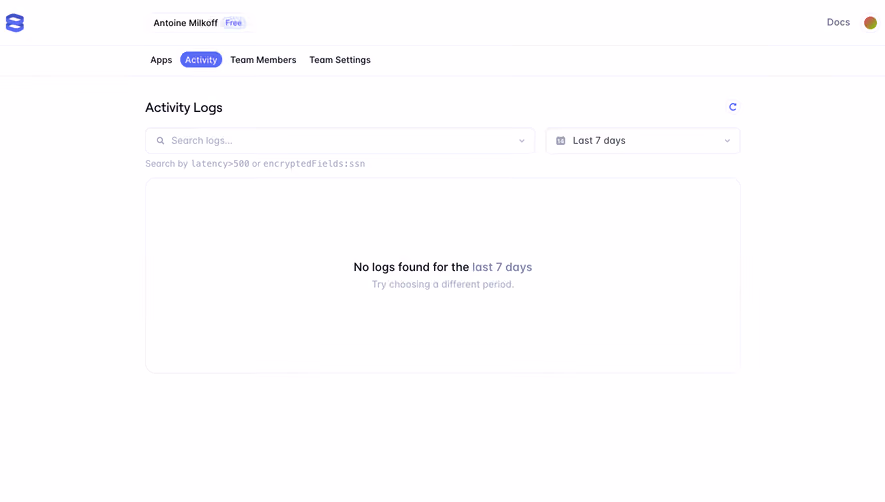 Evervault Empty activity log