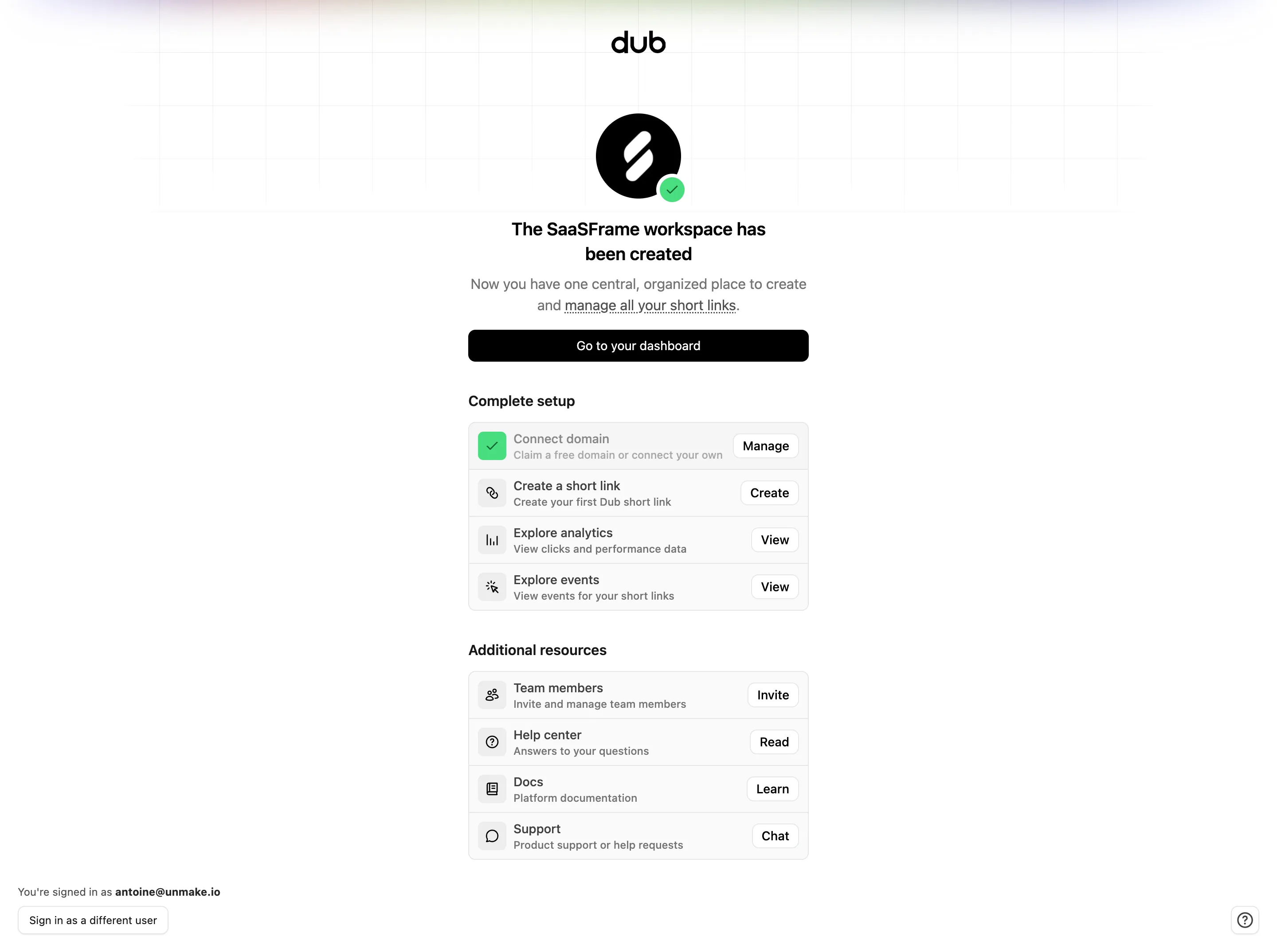 Dub Workspace created and next steps