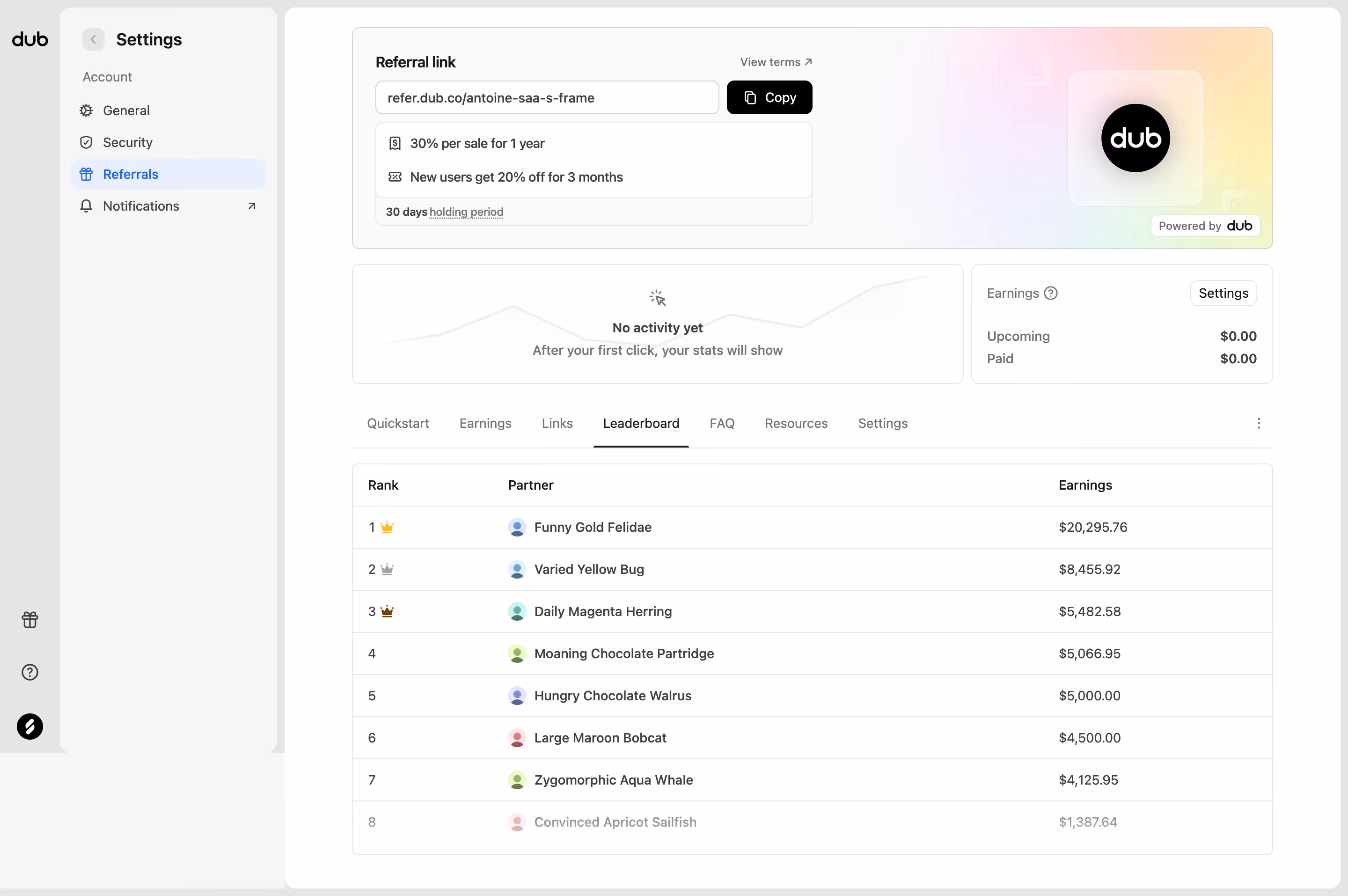 Dub Referral program dashboard
