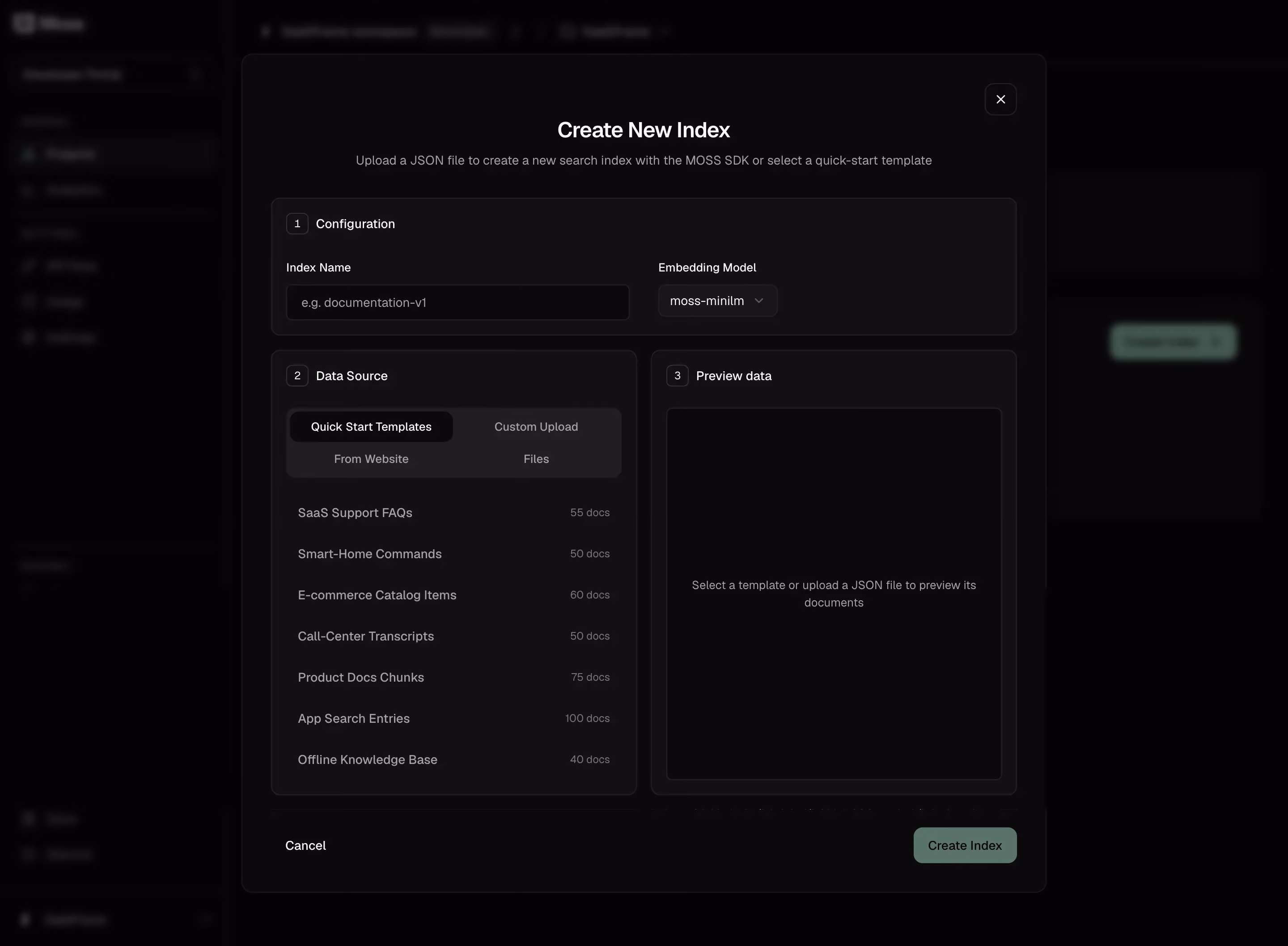 Moss Choose data for a new index
