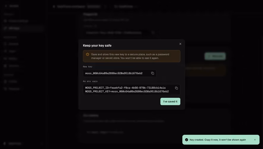 Moss Save your new project key