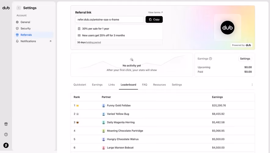 Dub Referral program dashboard