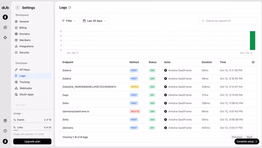 Dub API request logs