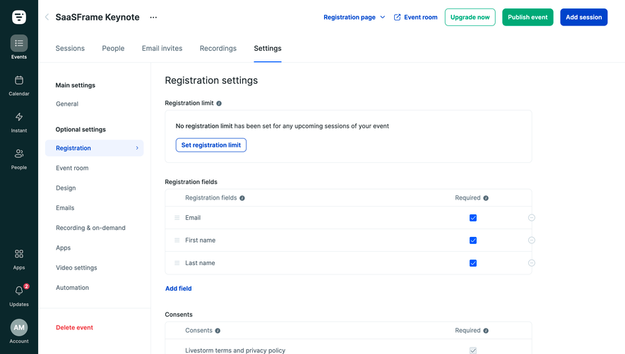 Livestorm Event Registration Settings