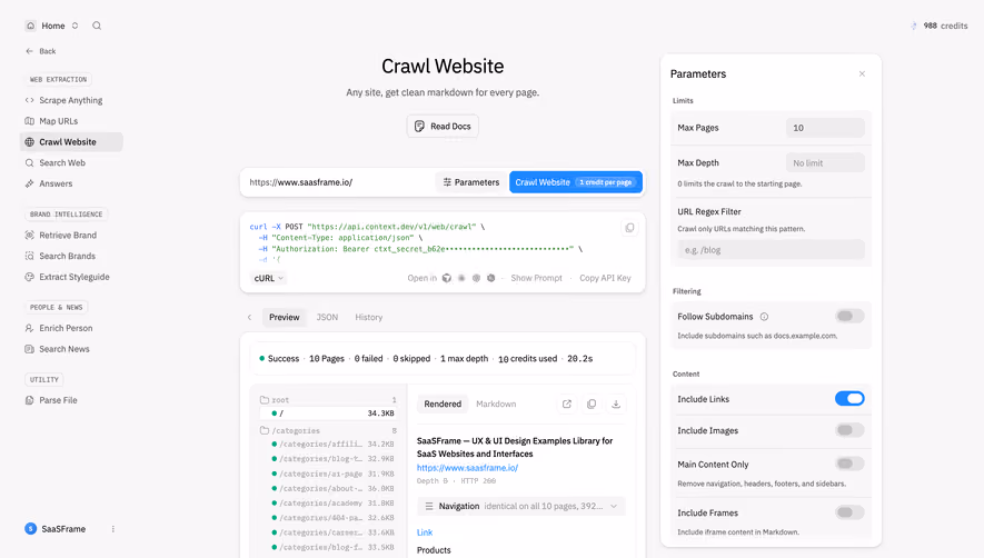 Context.dev Crawl Website results