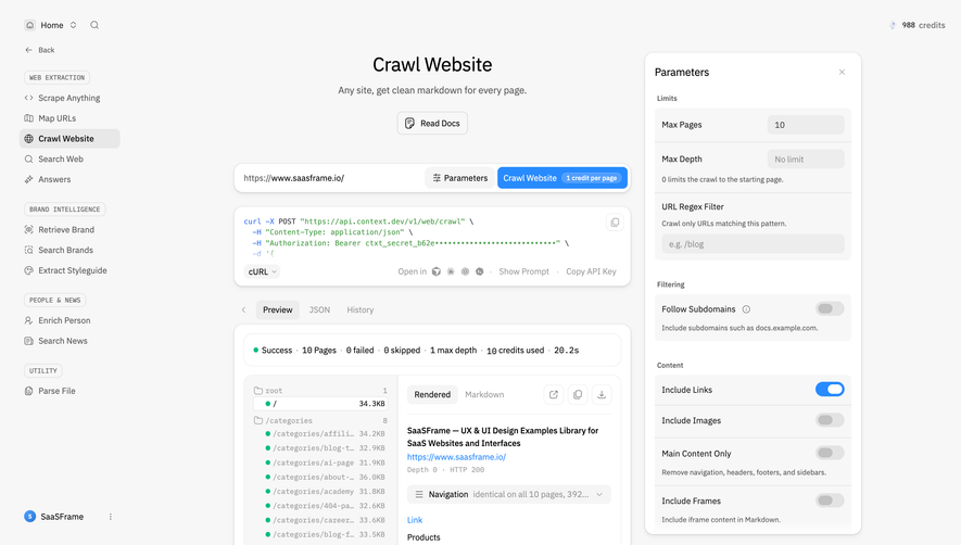 Context.dev Crawl Website results