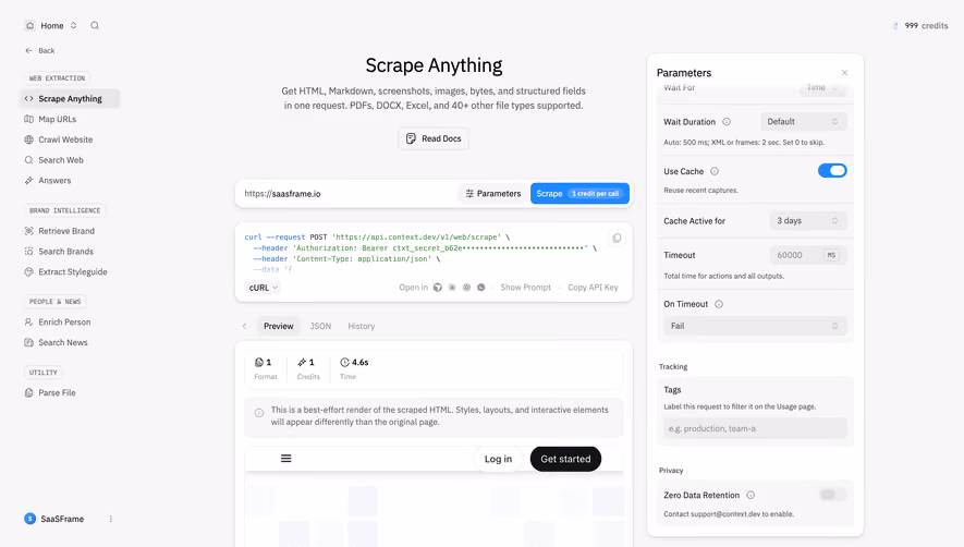 Context.dev Scrape Anything results