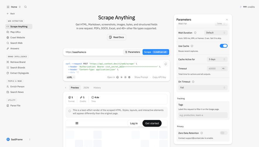 Context.dev Scrape Anything results