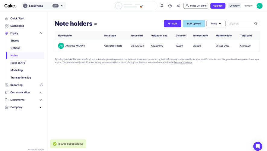 Cake Equity Notes Dashboard