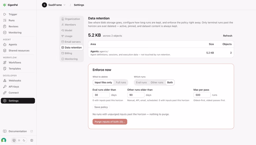 EigenPal Data retention settings