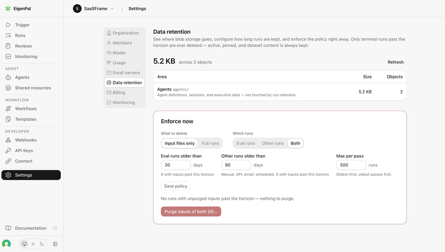 EigenPal Data retention settings