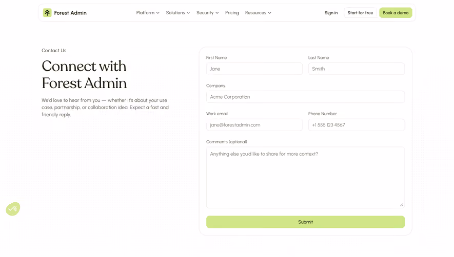 Forest Admin Contact Page
