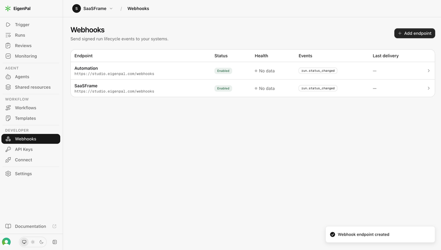 EigenPal Webhook endpoints list