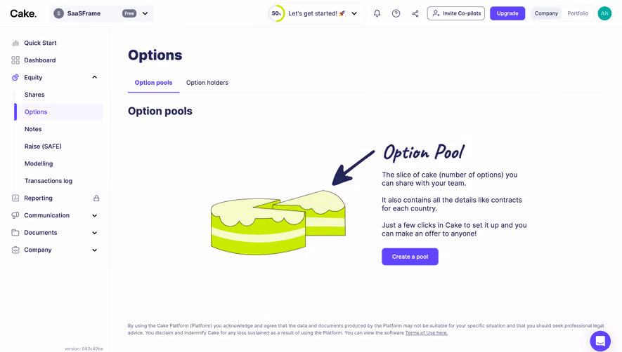 Cake Equity Empty Options Dashboard