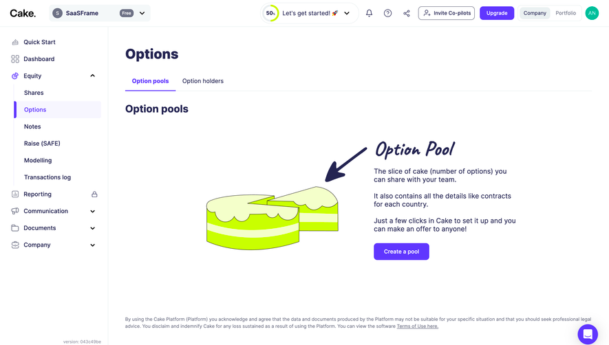 Cake Equity Empty Options Dashboard