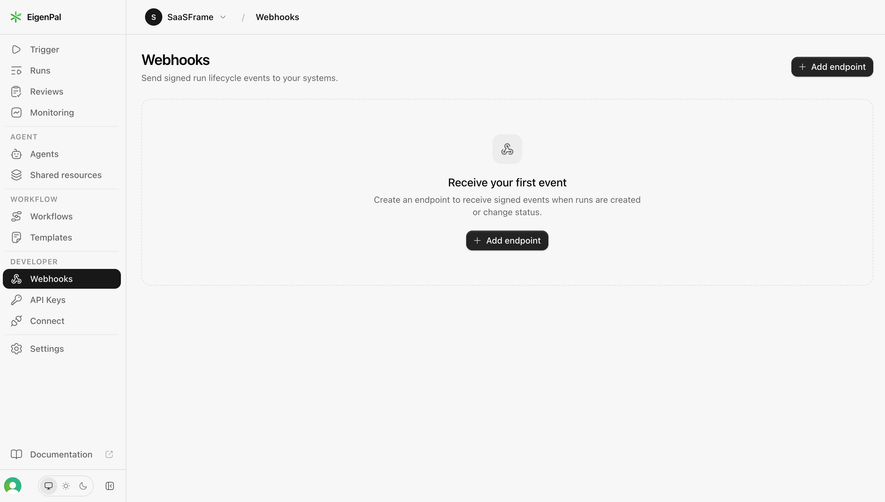 EigenPal Webhooks empty state